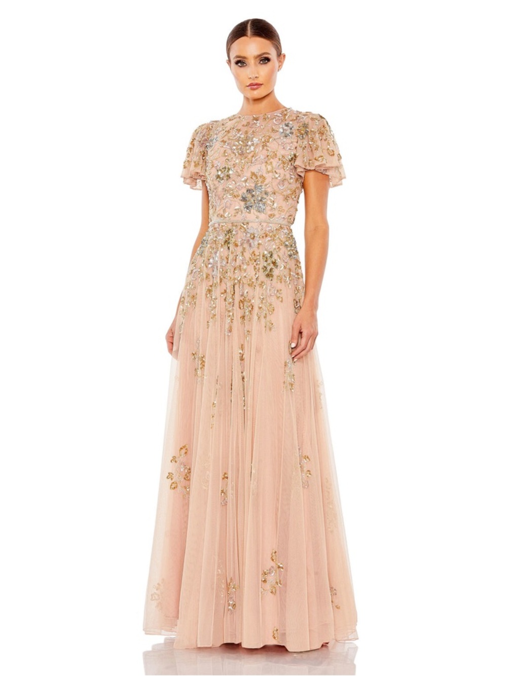 Mac Duggal Blush Pink Embellished Tulle Maxi Dress